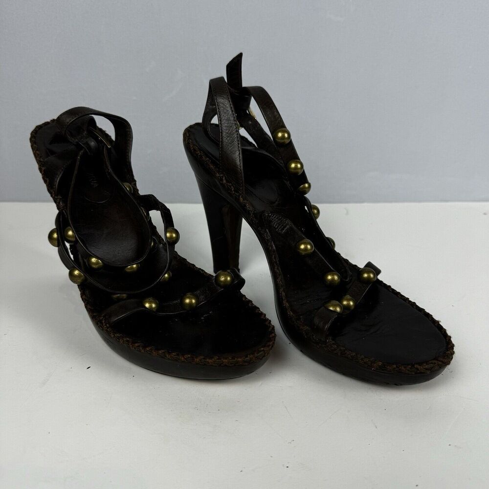 BCBGMaxAzria Leather Gladiator Heel SandalBrass Beads Brown 6B EU 36 Women Boho